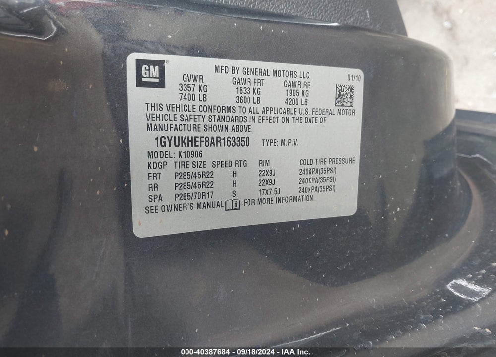 2010 CADILLAC ESCALADE ESV LUXURY VIN: 1GYUKHEF8AR163350