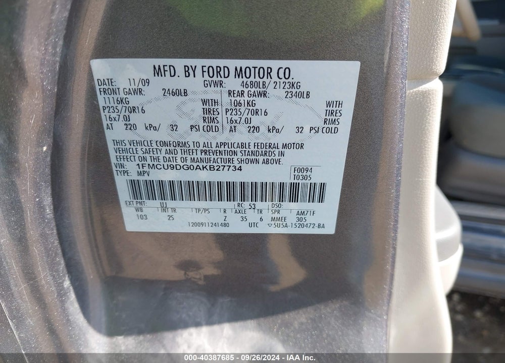 2010 FORD ESCAPE XLT VIN: 1FMCU9DG0AKB27734