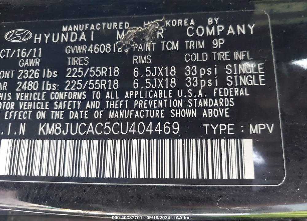 2012 HYUNDAI TUCSON LIMITED VIN: KM8JUCAC5CU404469