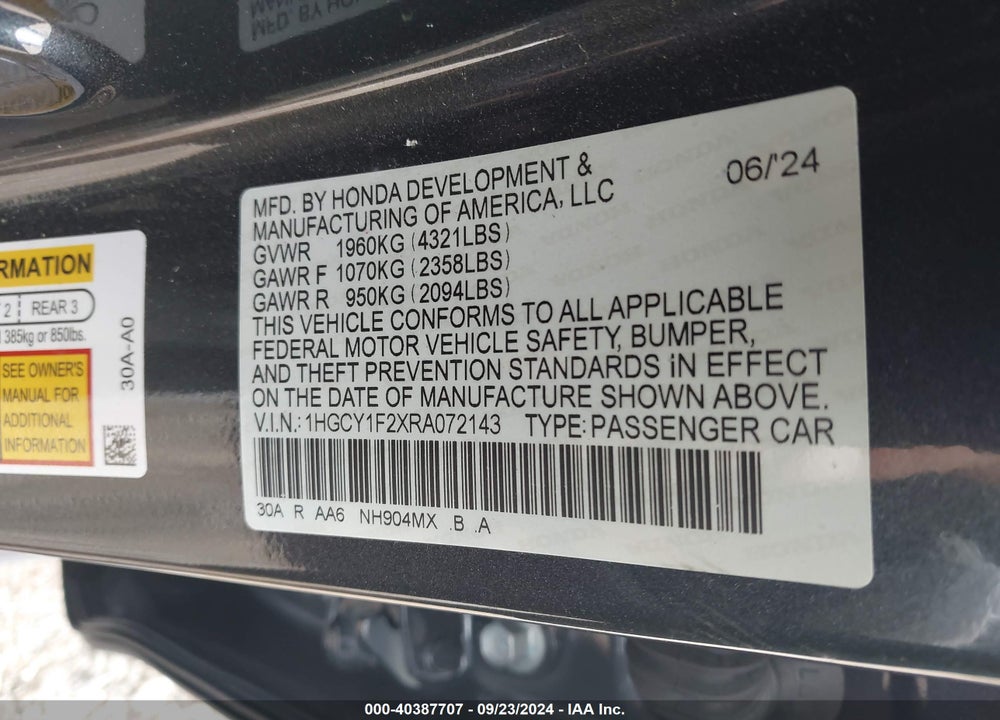 2024 HONDA ACCORD LX VIN: 1HGCY1F2XRA072143