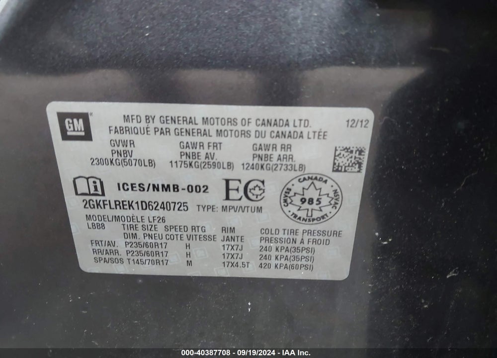 2013 GMC TERRAIN VIN: 2GKFLREK1D6240725