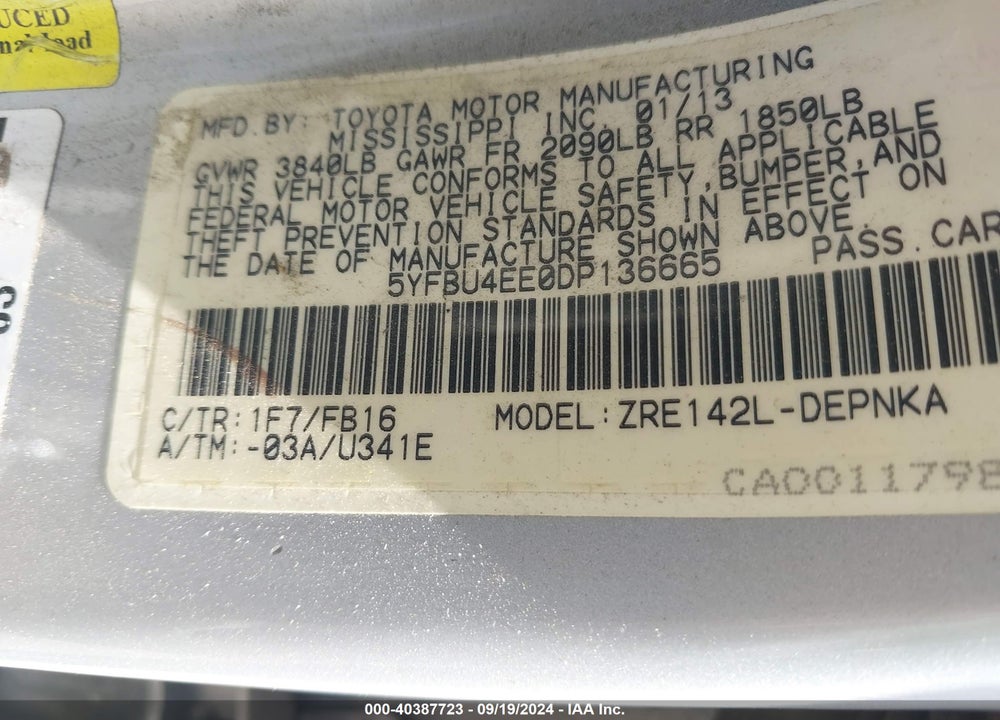 2013 TOYOTA COROLLA LE VIN: 5YFBU4EE0DP136665