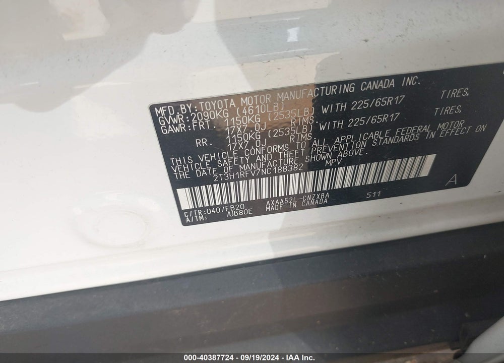 2022 TOYOTA RAV4 LE VIN: 2T3H1RFV7NC188382