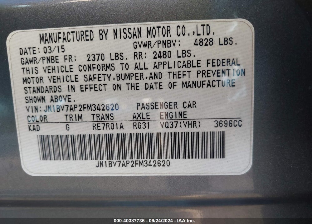 2015 INFINITI Q50 SPORT VIN: JN1BV7AP2FM342620