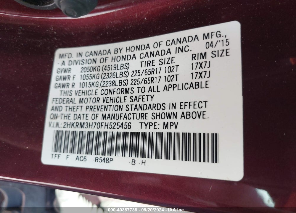 2015 HONDA CR-V EX-L VIN: 2HKRM3H70FH525456