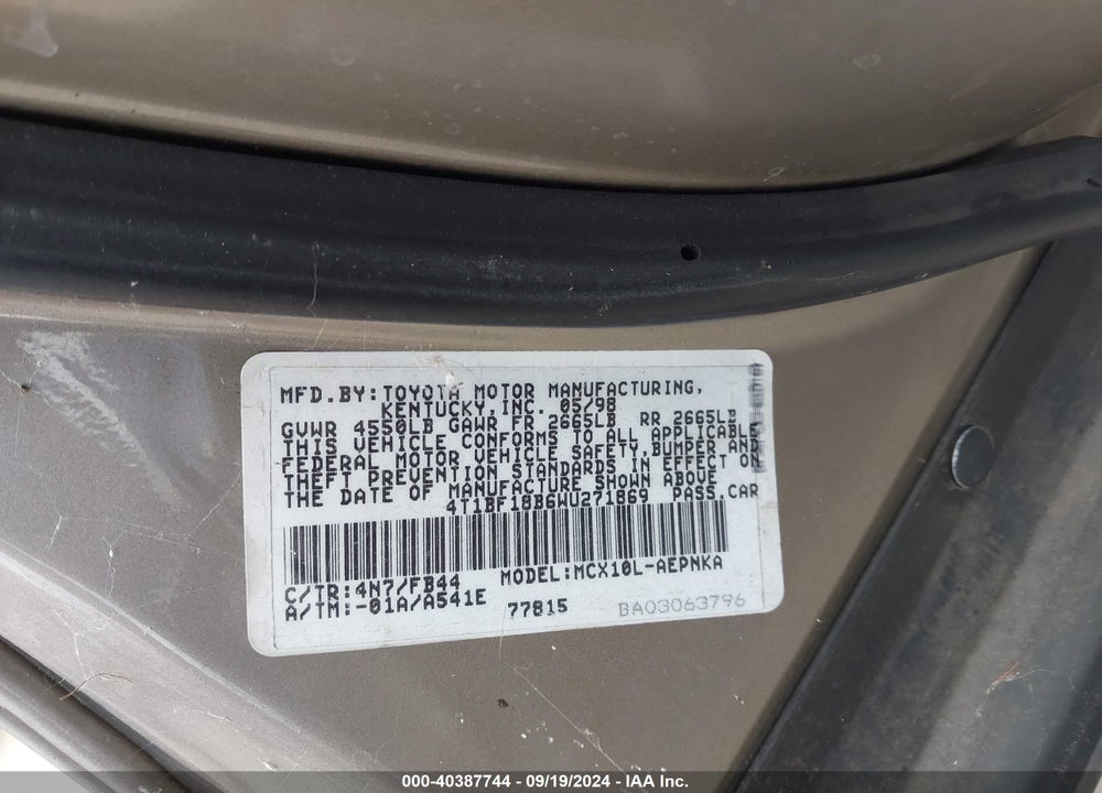 1998 TOYOTA AVALON XL VIN: 4T1BF18B6WU271869