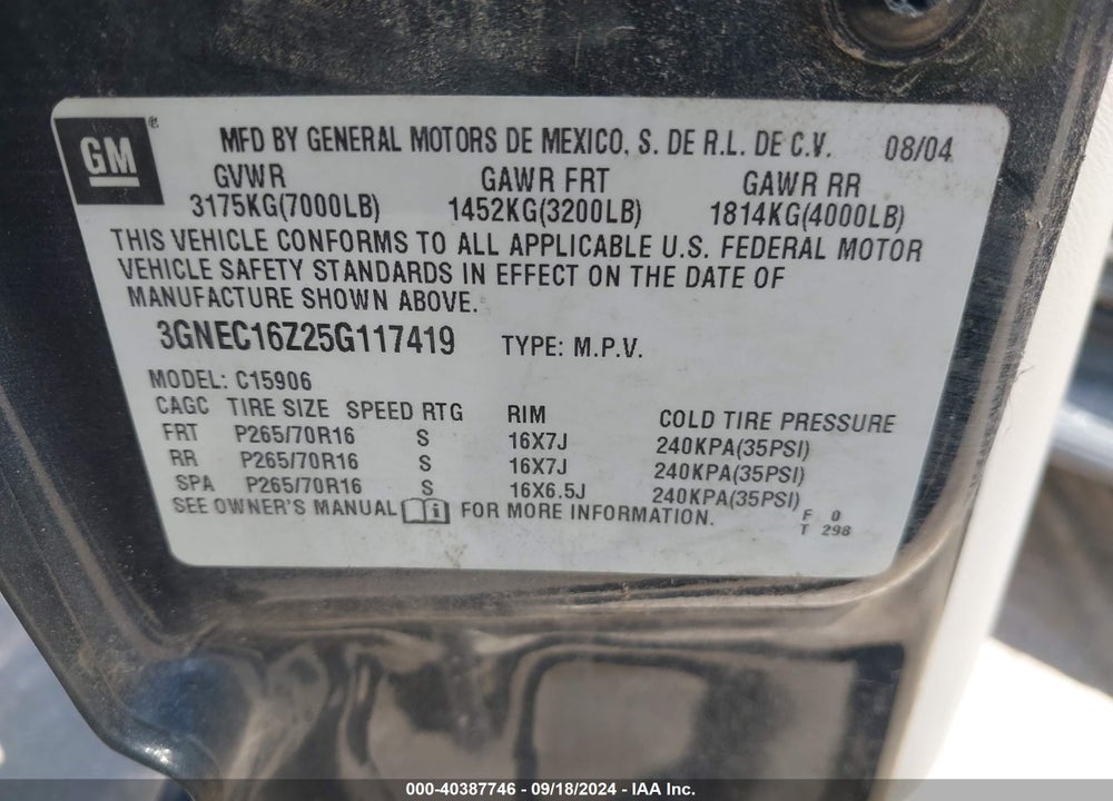 2005 CHEVROLET SUBURBAN 1500 LS VIN: 3GNEC16Z25G117419