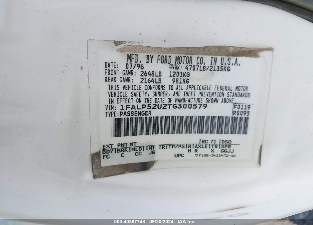 1996 FORD TAURUS GL VIN: 1FALP52U2TG300579