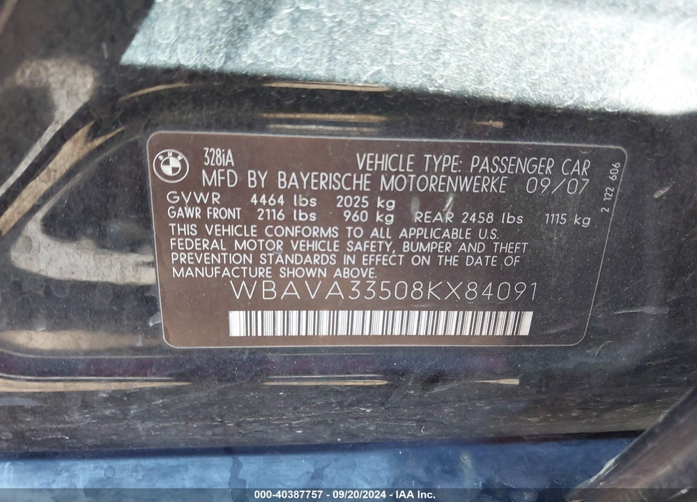 2008 BMW 328I VIN: WBAVA33508KX84091