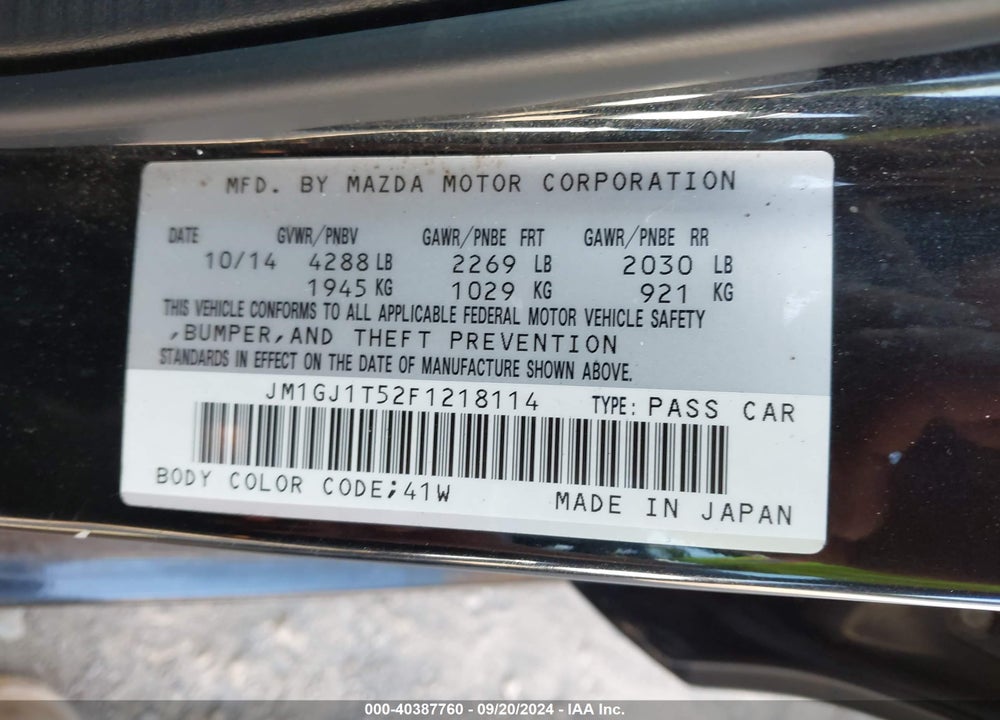 2015 MAZDA 6 I TOURING VIN: JM1GJ1T52F1218114