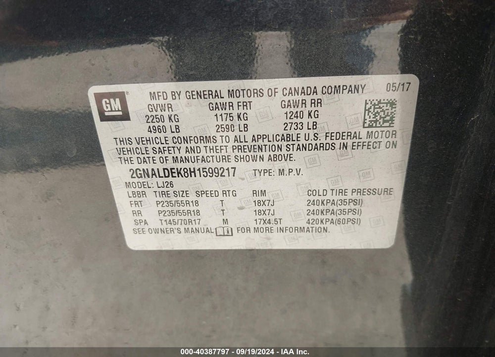 2017 CHEVROLET EQUINOX PREMIER VIN: 2GNALDEK8H1599217