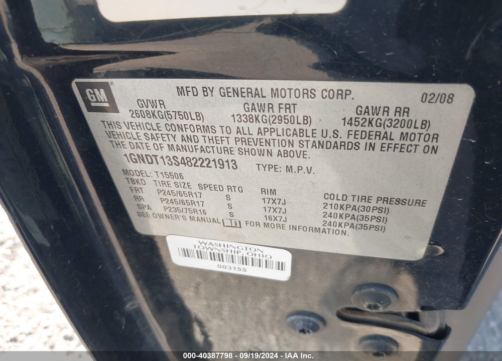 2008 CHEVROLET TRAILBLAZER FLEET VIN: 1GNDT13S482221913