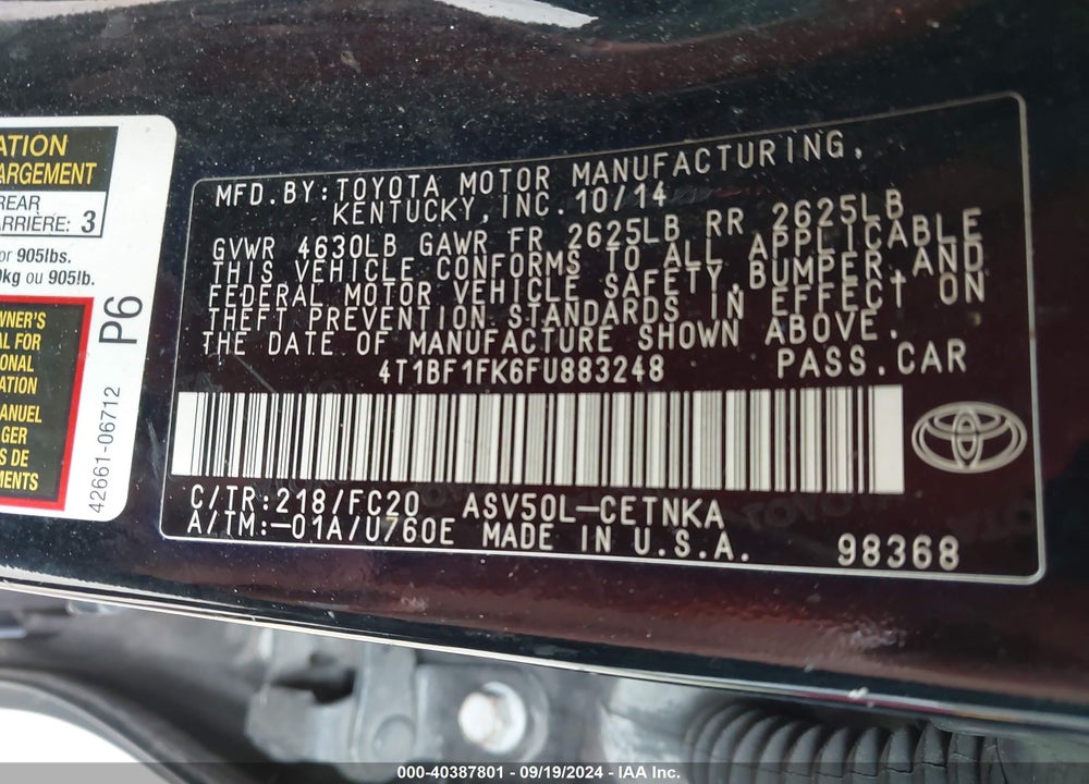 2015 TOYOTA CAMRY LE VIN: 4T1BF1FK6FU883248