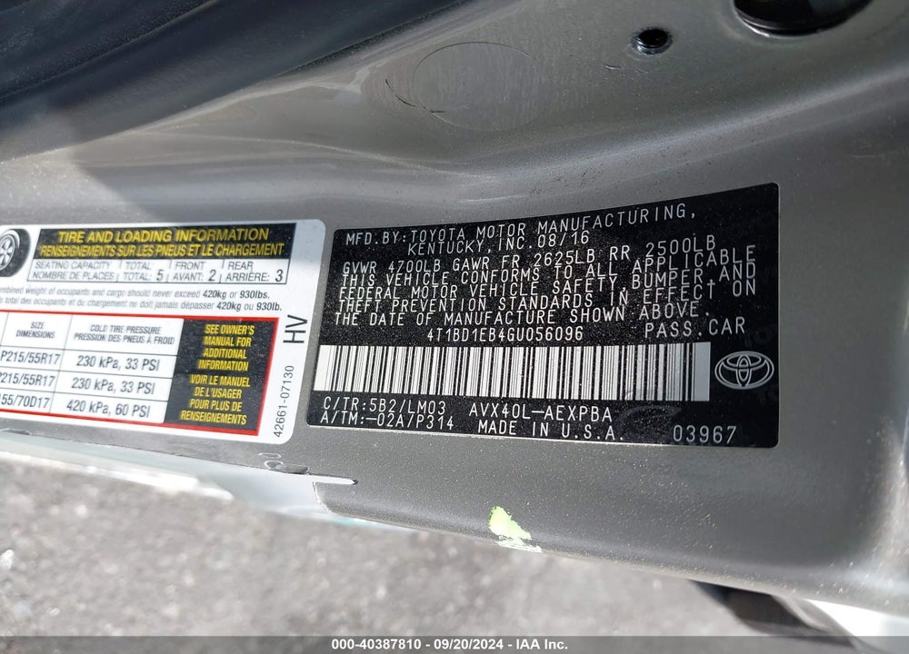 2016 TOYOTA AVALON HYBRID LIMITED VIN: 4T1BD1EB4GU056096