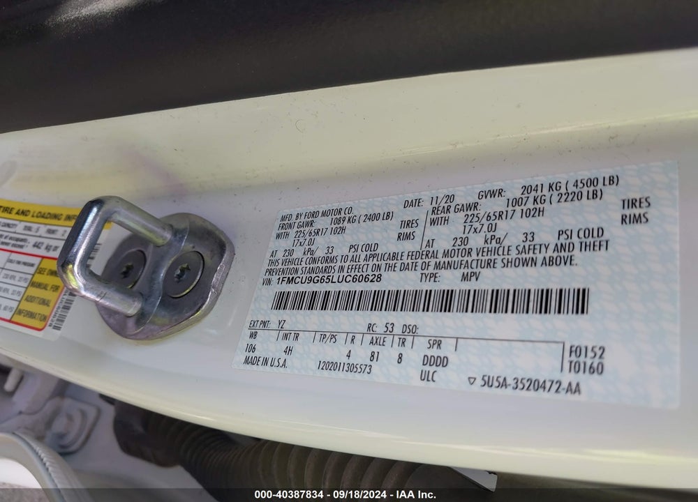 2020 FORD ESCAPE SE VIN: 1FMCU9G65LUC60628