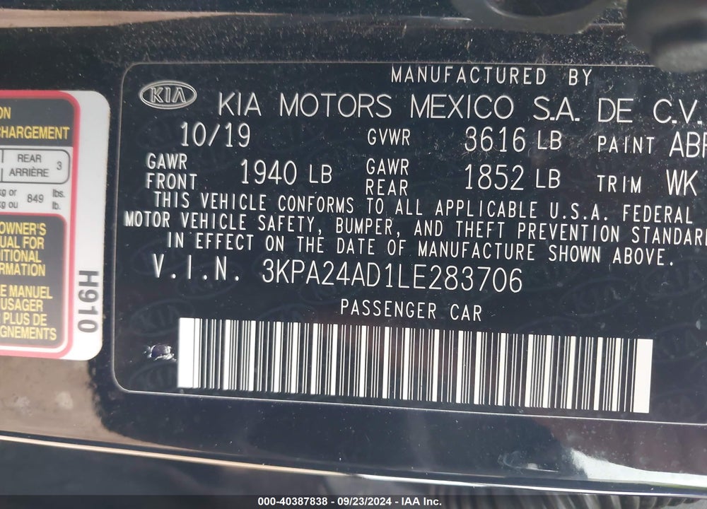 2020 KIA RIO LX VIN: 3KPA24AD1LE283706