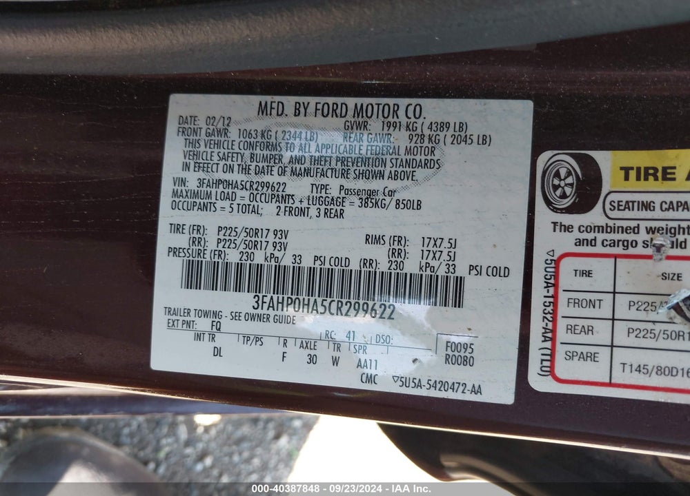 2012 FORD FUSION SE VIN: 3FAHP0HA5CR299622