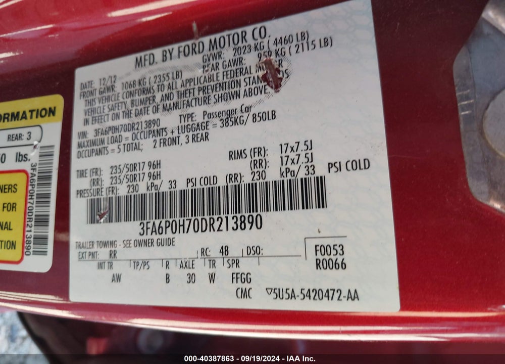2013 FORD FUSION SE VIN: 3FA6P0H70DR213890