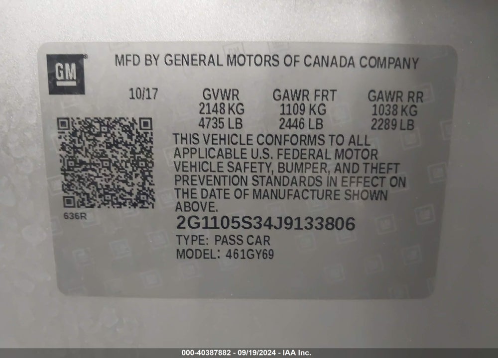 2018 CHEVROLET IMPALA VIN: 2G1105S34J9133806