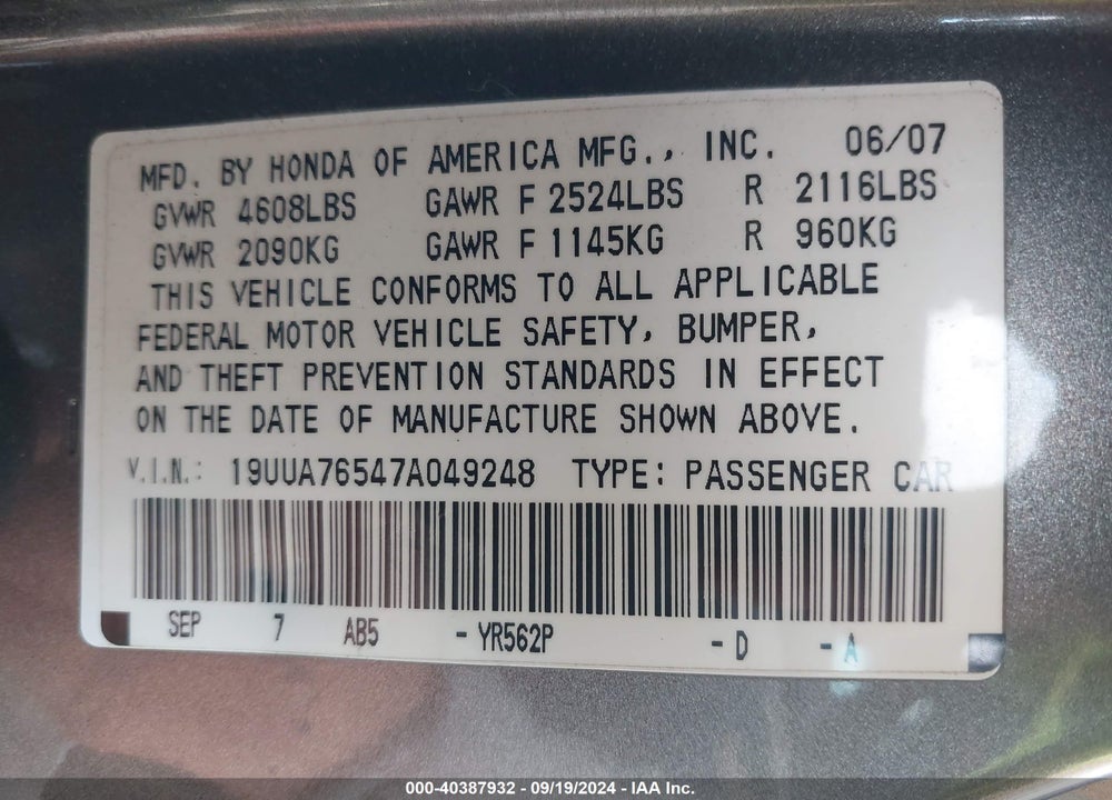 2007 ACURA TL TYPE S VIN: 19UUA76547A049248