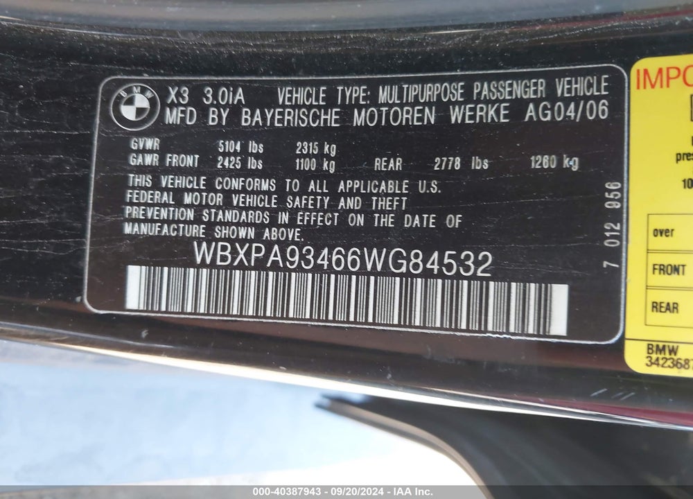 2006 BMW X3 3.0I VIN: WBXPA93466WG84532