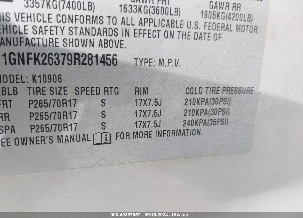 2009 CHEVROLET SUBURBAN 1500 LT2 VIN: 1GNFK26379R281456