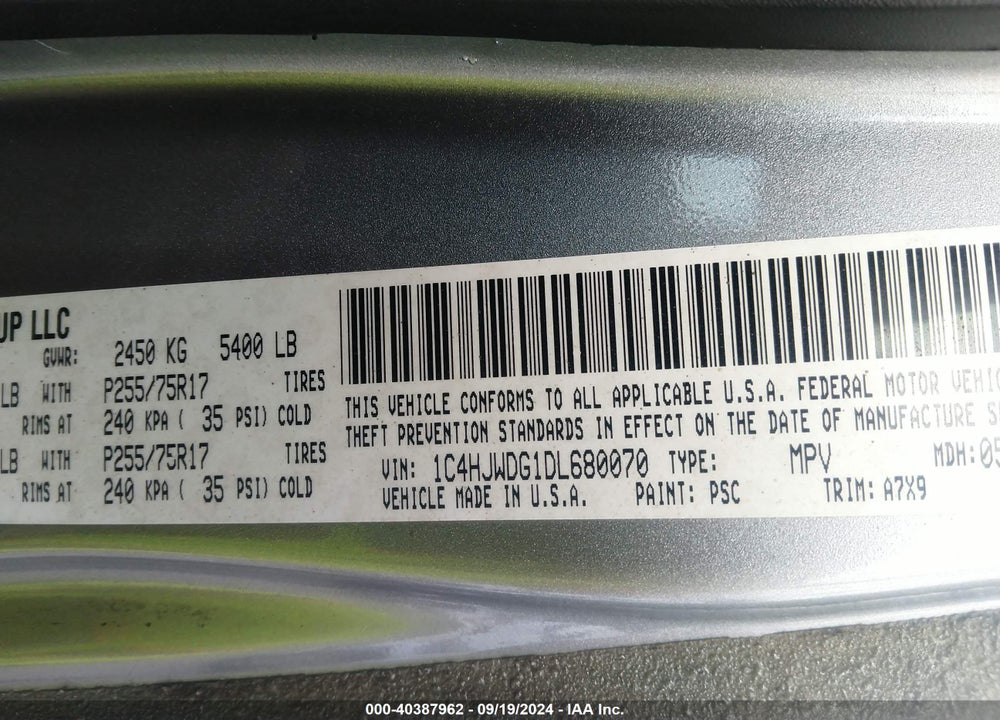 2013 JEEP WRANGLER UNLIMITED SPORT VIN: 1C4HJWDG1DL680070