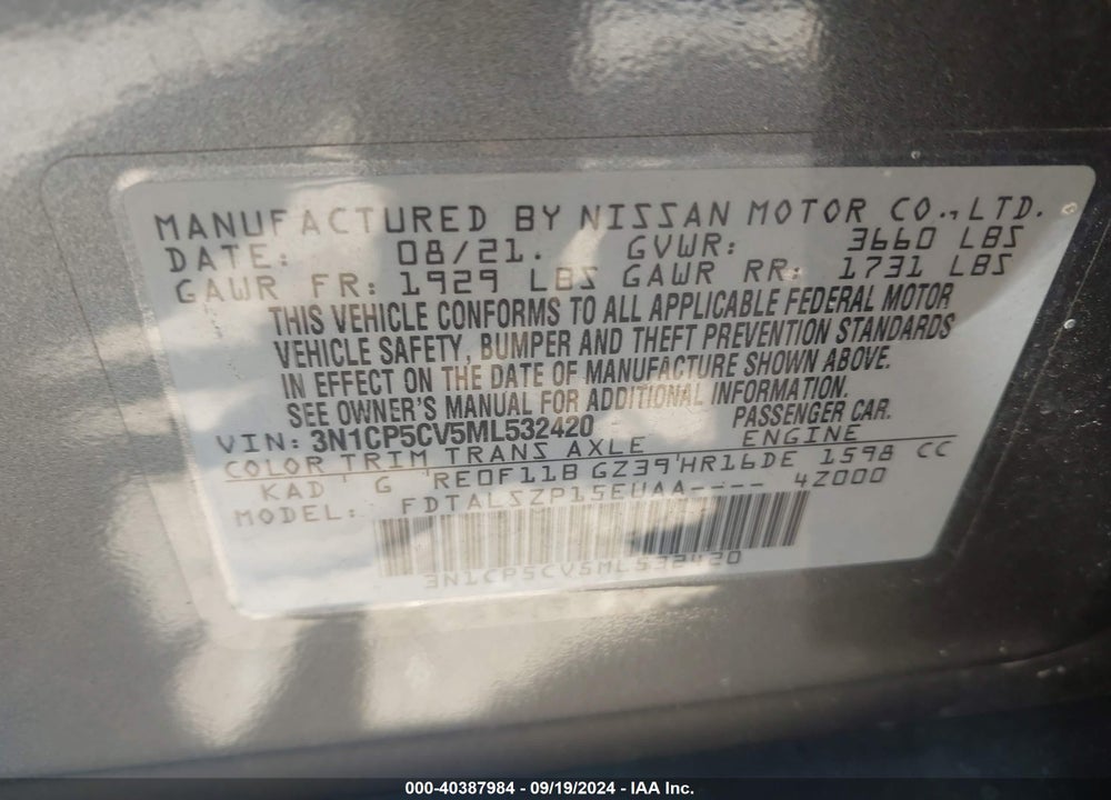 2021 NISSAN KICKS VIN: 3N1CP5CV5ML532420