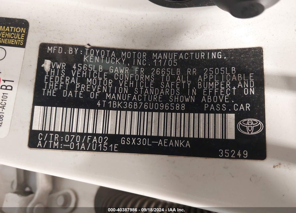 2006 TOYOTA AVALON XL VIN: 4T1BK36B76U096588