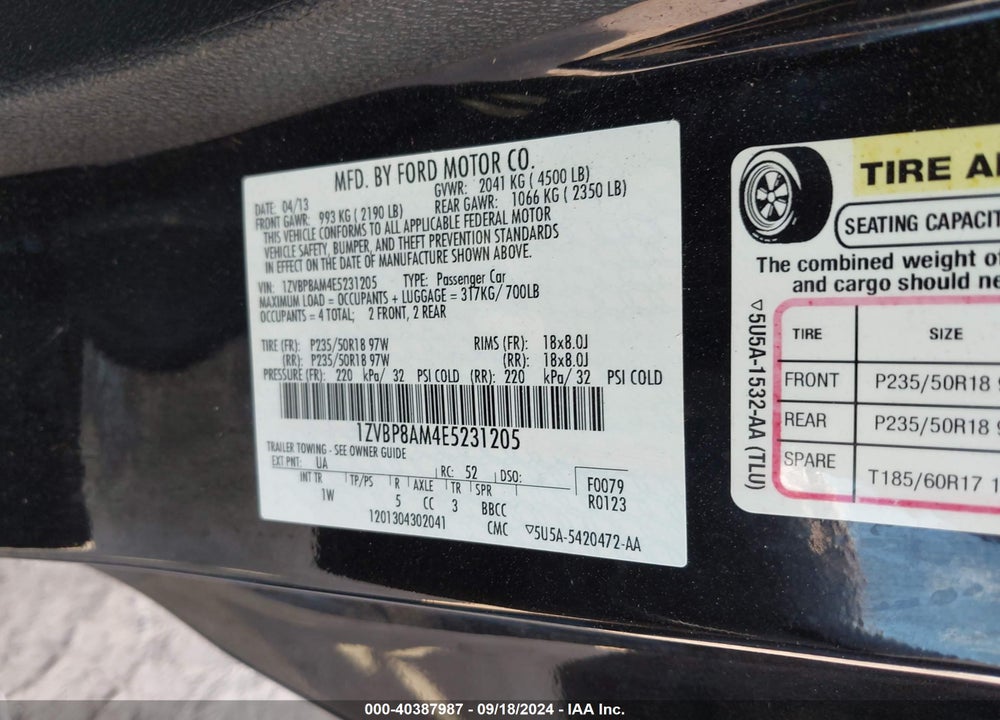 2014 FORD MUSTANG V6 VIN: 1ZVBP8AM4E5231205