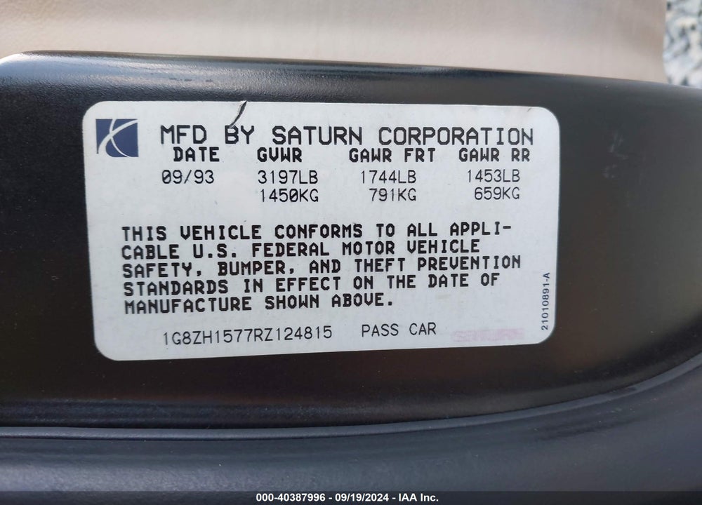 1994 SATURN SC2 VIN: 1G8ZH1577RZ124815