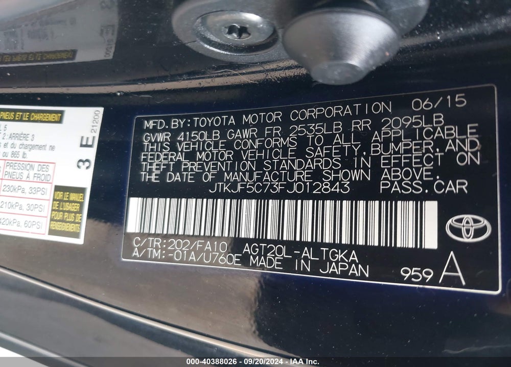 2015 SCION TC VIN: JTKJF5C73FJ012843