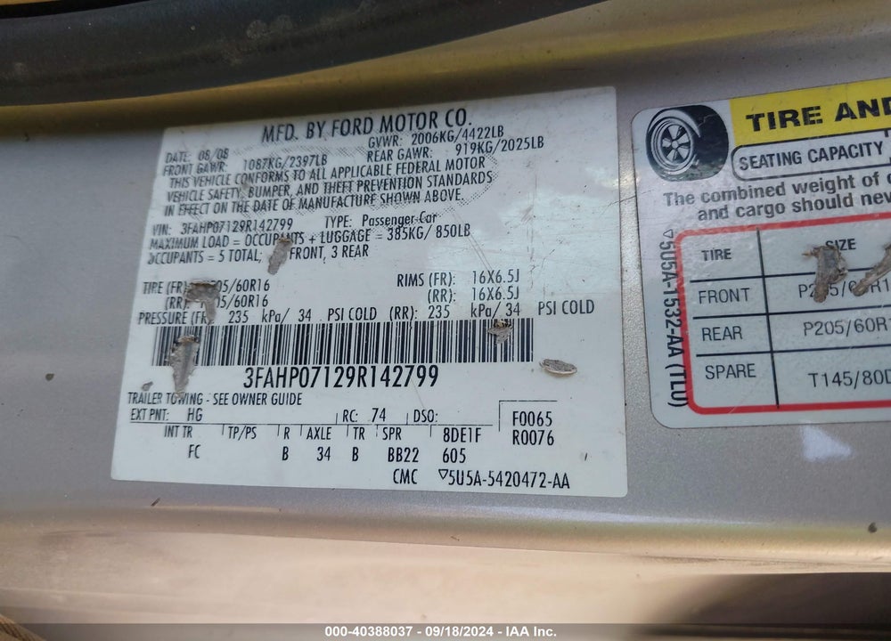 2009 FORD FUSION SE VIN: 3FAHP07129R142799