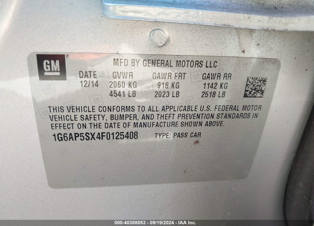 2015 CADILLAC CTS STANDARD VIN: 1G6AP5SX4F0125408