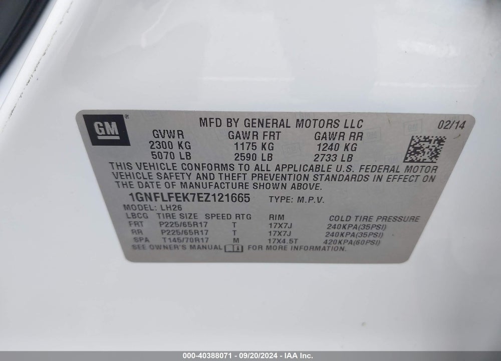 2014 CHEVROLET EQUINOX VIN: 1GNFLFEK7EZ121665