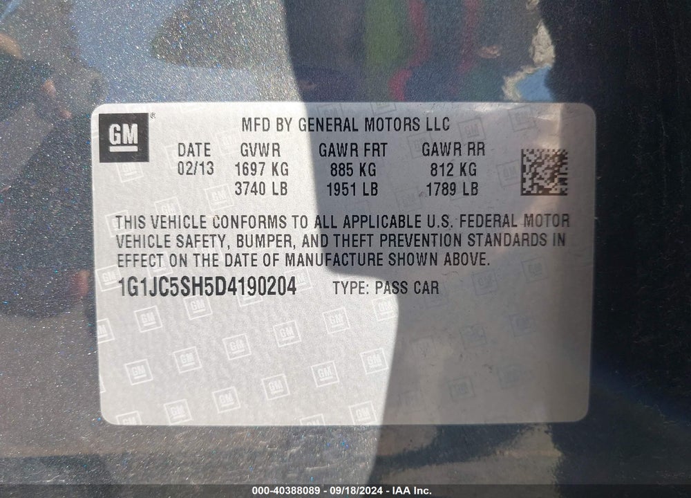 2013 CHEVROLET SONIC LT AUTO VIN: 1G1JC5SH5D4190204