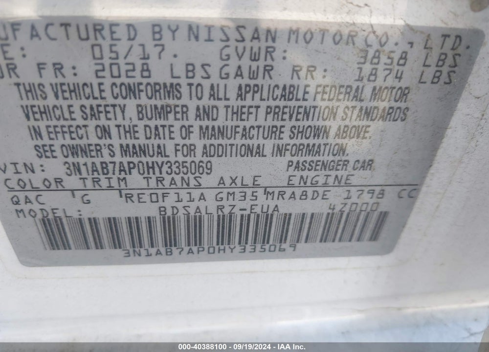 2017 NISSAN SENTRA SR VIN: 3N1AB7AP0HY335069