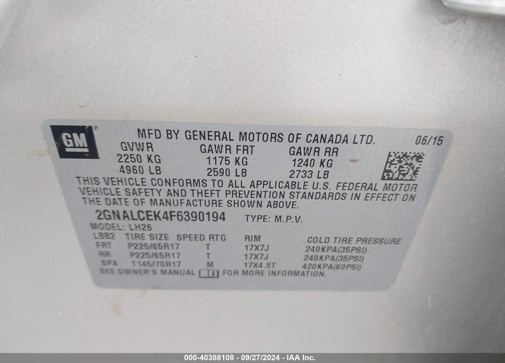 2015 CHEVROLET EQUINOX 2LT VIN: 2GNALCEK4F6390194