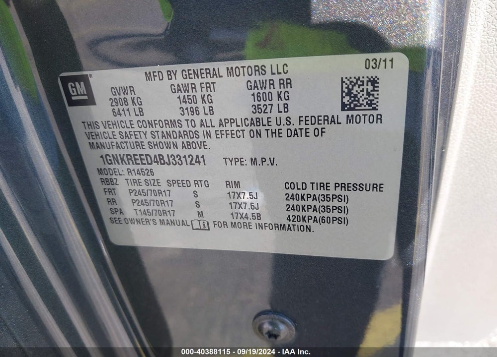2011 CHEVROLET TRAVERSE LS VIN: 1GNKREED4BJ331241
