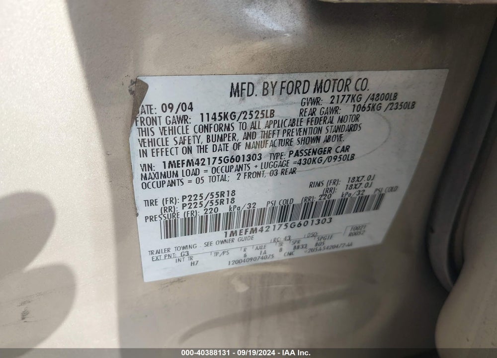 2005 MERCURY MONTEGO PREMIER VIN: 1MEFM42175G601303