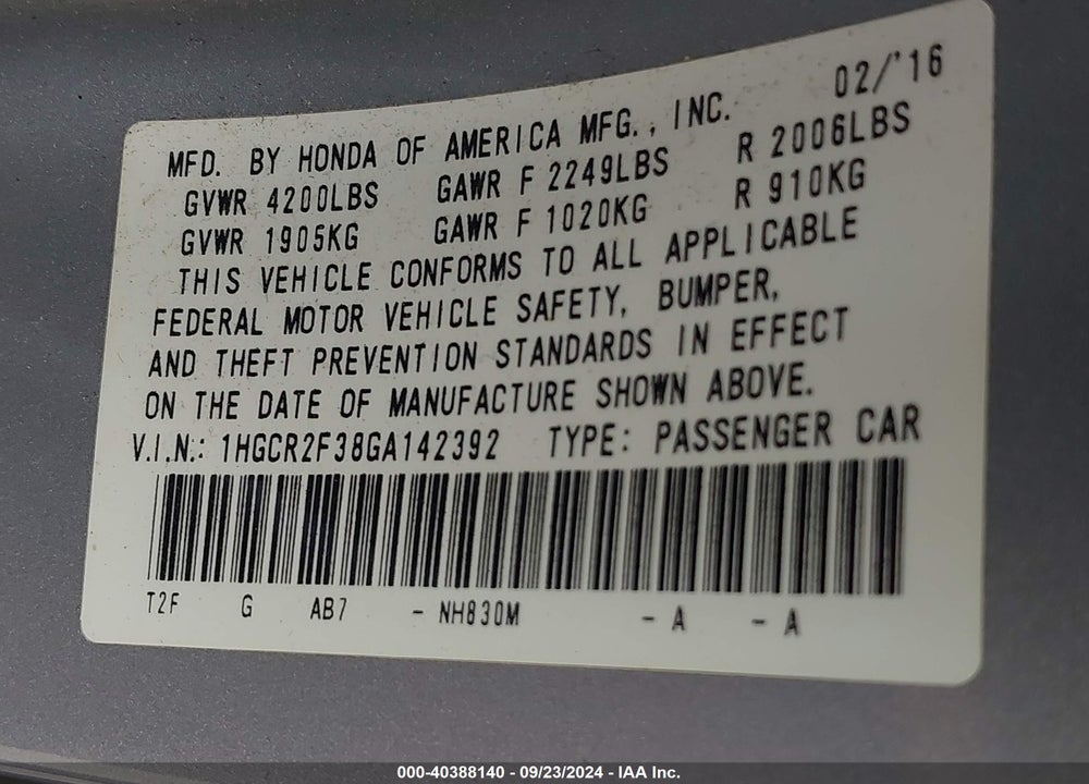 2016 HONDA ACCORD LX VIN: 1HGCR2F38GA142392
