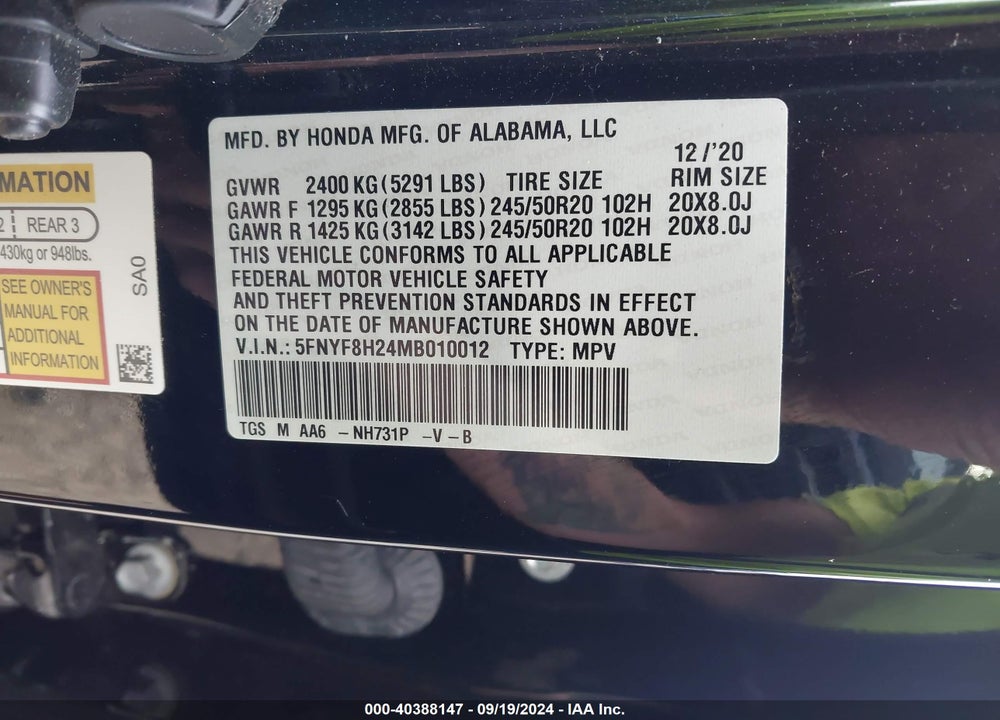 2021 HONDA PASSPORT AWD SPORT VIN: 5FNYF8H24MB010012