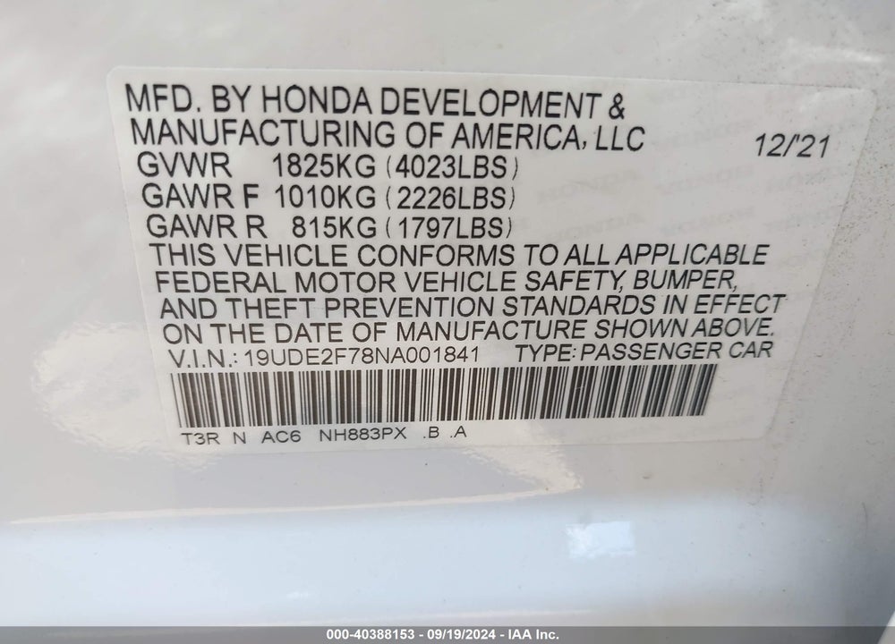 2022 ACURA ILX PREMIUM PACKAGE VIN: 19UDE2F78NA001841