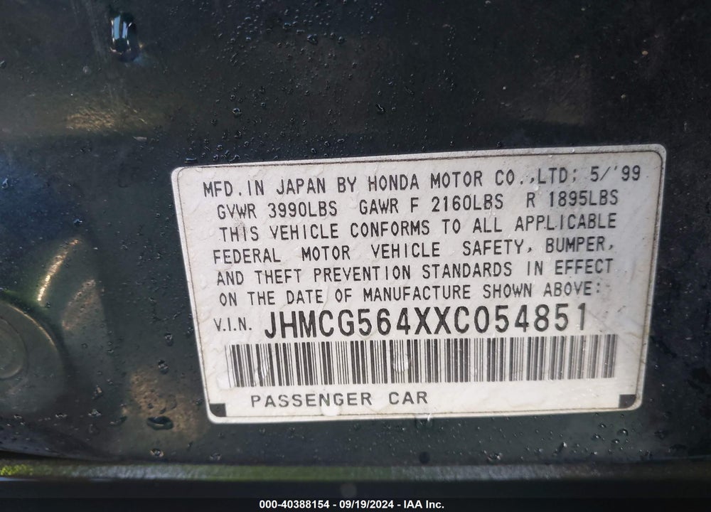 1999 HONDA ACCORD LX VIN: JHMCG564XXC054851