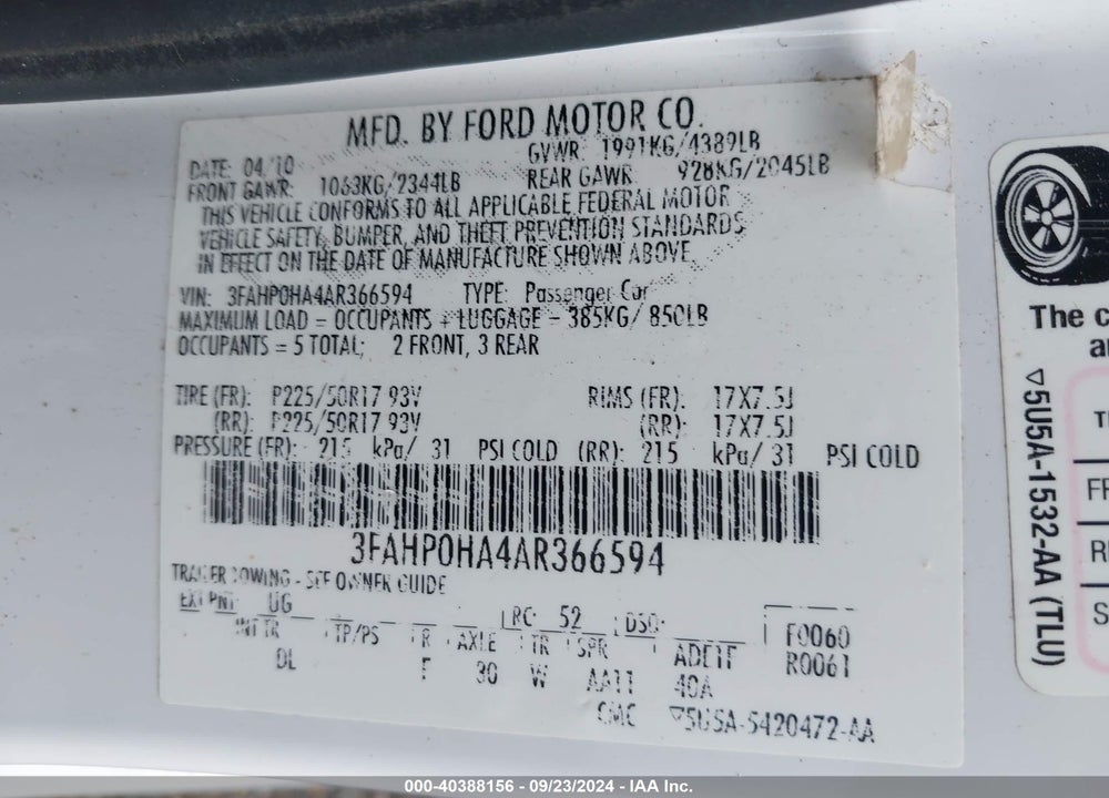 2010 FORD FUSION SE VIN: 3FAHP0HA4AR366594