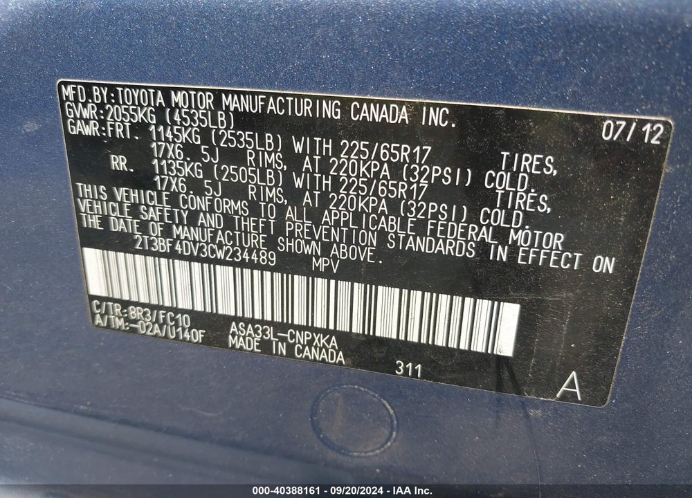 2012 TOYOTA RAV4 VIN: 2T3BF4DV3CW234489