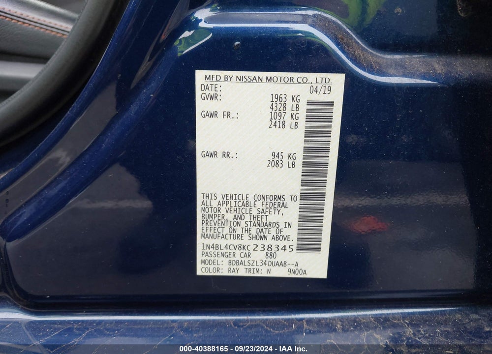 2019 NISSAN ALTIMA 2.5 SR VIN: 1N4BL4CV8KC238345