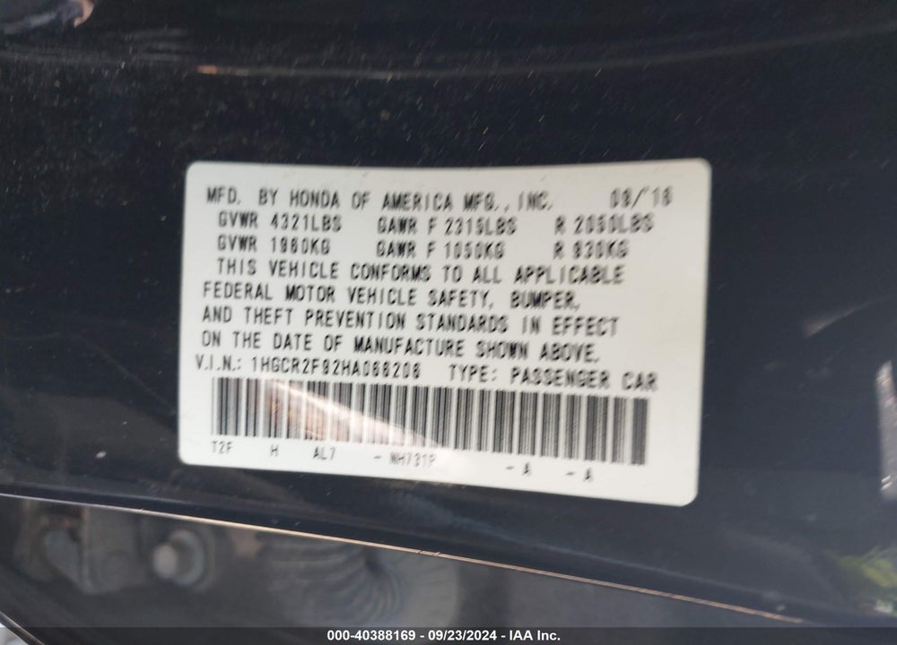 2017 HONDA ACCORD EX-L VIN: 1HGCR2F92HA066206