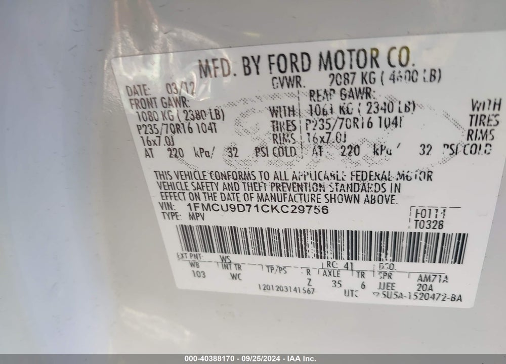 2012 FORD ESCAPE XLT VIN: 1FMCU9D71CKC29756