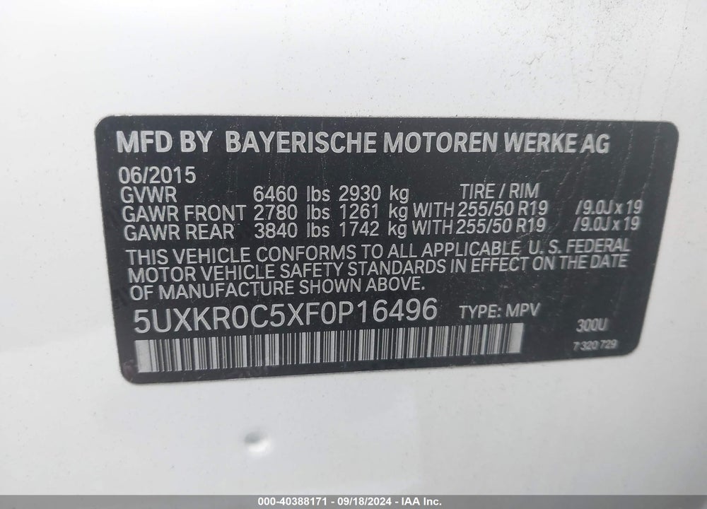 2015 BMW X5 XDRIVE35I VIN: 5UXKR0C5XF0P16496